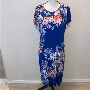 Bellamie Blue Floral Short Sleeve Dress Stretchy Midi Boutique Made in USA